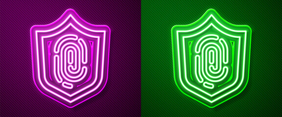 Glowing neon line Fingerprint icon isolated on purple and green background. ID app icon. Identification sign. Touch id. Vector