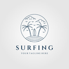 surfing line art logo, icon and symbol, with emblem vector illustration design
