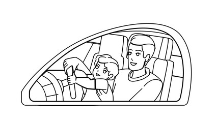 father son drive vector. dad kid car, boy vehicle, happy trip instructor father son drive character. people black line pencil drawing vector illustration