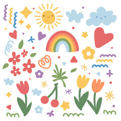 Spring flower set with cloud sun rainbow tulip cherry happy face Free Vector