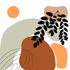 Boho art natural color Hand drawn abstract shapes and leaf wallpaper background Vector