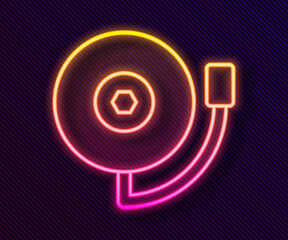 Glowing neon line Ringing alarm bell icon isolated on black background. Fire alarm system. Service bell, handbell sign, notification symbol. Vector