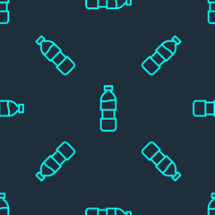 Green line Bottle of water icon isolated seamless pattern on blue background. Soda aqua drink sign. Vector