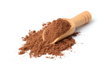 Cocoa powder with wooden scoop isolated on white background.