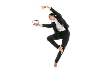 Young business woman wearing business style outfit in motion isolated on white background. Business, start-up, open-space, professional occupation concept.