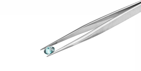 Blue Diamond in Tweezers on White Background