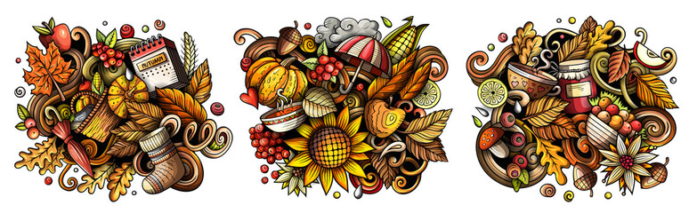 Autumn cartoon vector doodle designs set