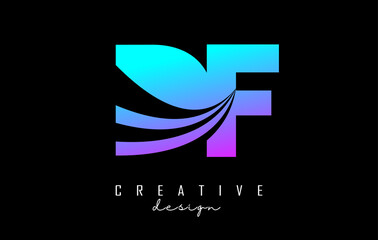 Creative colorful letters DF d f logo with leading lines and road concept design. Letters with geometric design.