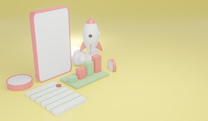 3D Rendering, Startup concept, Software and web development with 3d shapes, bar chart, infographic on blue background. 