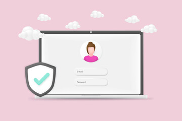 Account Protection concept. Account login and password form page on laptop. Username, password fields. Sign in to account, user authorization. 3D Web Vector Illustration.