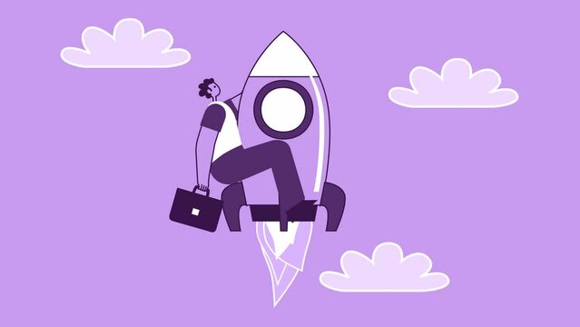 Purple Style Man with Briefcase Flat Character Flies Up on Rocket Spaceship. Isolated Loop Animation  with Alpha Channel 