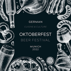 Oktoberfest background. German food and drinks menu design. Vector meat dishes sketches. German cuisine frame on chalkboard. Traditional beer festival illustration in sketched style. - obrazy, fototapety, plakaty