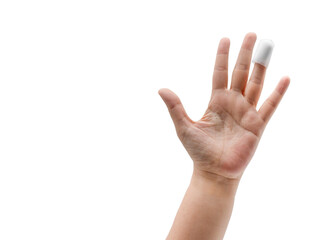 Hand of Asian woman with white medicine bandage on injury finger on white background and copy space and clipping path.