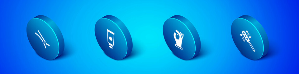 Set Isometric Hair clip, Medical rubber gloves, Hairbrush and Cream cosmetic tube icon. Vector