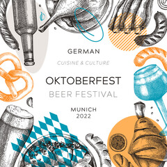 Oktoberfest background. German food and drinks menu design. Vector meat dishes sketches. German cuisine frame in collage style. Traditional beer festival illustration in sketched style. - obrazy, fototapety, plakaty