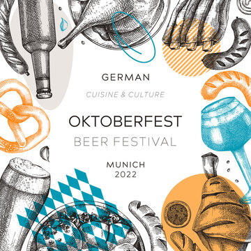 Oktoberfest background. German food and drinks menu design. Vector meat dishes sketches. German cuisine frame in collage style. Traditional beer festival illustration in sketched style.