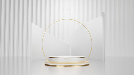 Realistic white display stand with golden diagonal lines scene, podium showing product. Luxury style background.