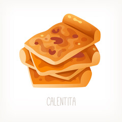 Classic traditional dish of British street food. Calentita. Flat oven bakes bread made from chickpea.  Vector image good for menu, bodega posters, shop labels or packaging designs.