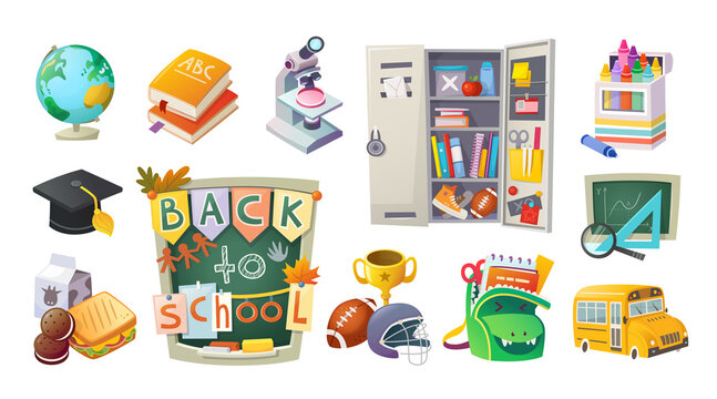 Collection of school items and equipment for study. Isolated vector icons for school designs back to school invitations and school sale labels