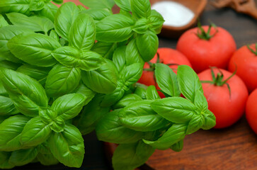 potted basil and tomatoes for cooking salad on the table