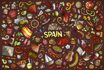 Naklejka premium Doodle cartoon set of Spain objects and symbols