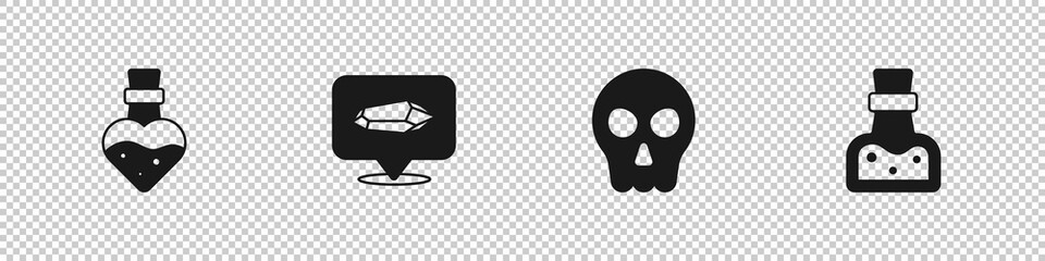 Set Bottle with potion, Magic stone, Skull and icon. Vector