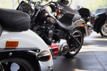 Classic motorbikes in motorcycle and accessories shop
