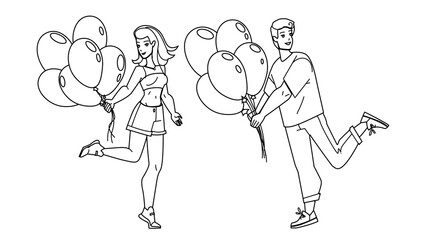 Girl And Boy With Air Balloon On Party Vector. Happy Man And Woman Holding Helium Balloon And Enjoying On Birthday Or Holiday Festival. Characters Enjoyment Together black line illustration