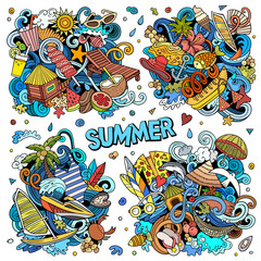 Summer beach cartoon vector doodle designs set.