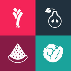 Set pop art Cabbage, Watermelon, Pear and Leek icon. Vector