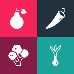 Set pop art Onion, Broccoli, Hot chili pepper and Pear icon. Vector