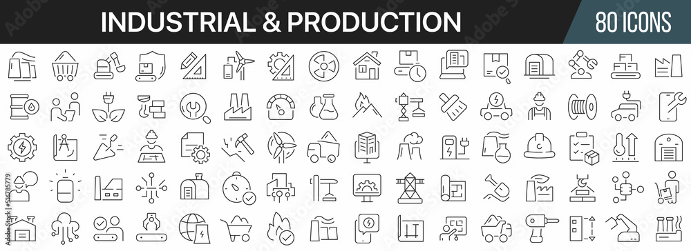 Poster industrial and production line icons collection. big ui icon set in a flat design. thin outline icon