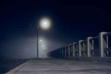 The embankment near the Yenisei River, near the village of Cheremushki, at night, in fog. Lit with lamps.