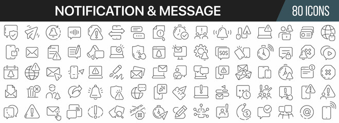 Obraz na płótnie Canvas Notification and message line icons collection. Big UI icon set in a flat design. Thin outline icons pack. Vector illustration EPS10