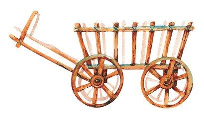Fototapeta premium Watercolor wagon. Old wooden cart for a horse on a white background