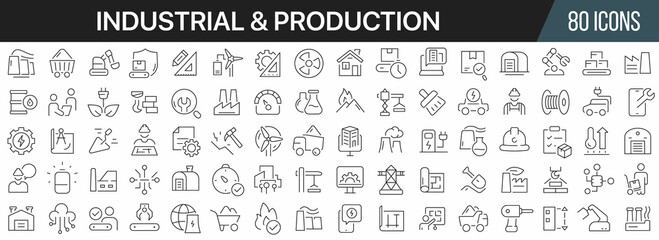 Fototapeta na wymiar Industrial and production line icons collection. Big UI icon set in a flat design. Thin outline icons pack. Vector illustration EPS10