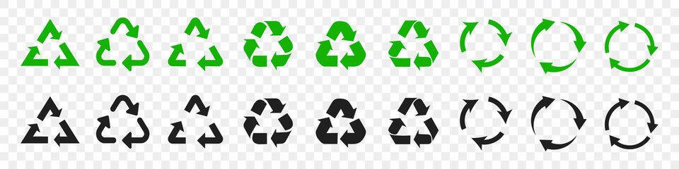 Set of recycle icons in green and black. Vector illustration