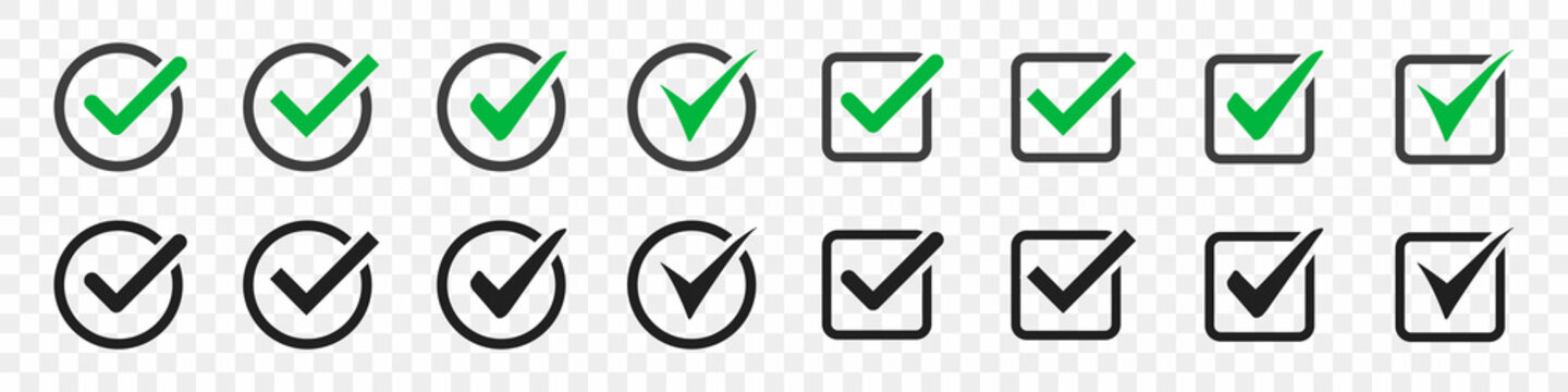 Set of check icons in green and black. Vector illustration