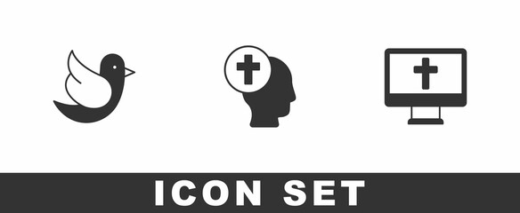 Set Dove, Priest and Christian cross on monitor icon. Vector