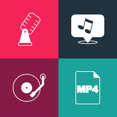 Set pop art MP4 file document, Vinyl player, Music note, tone and Microphone icon. Vector