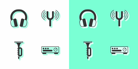 Set Sound mixer controller, Headphones, Trumpet and Musical tuning fork icon. Vector