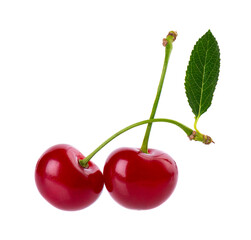 Cherry isolated on white background. Red ripe berry of sweet cherry. Clipping path.