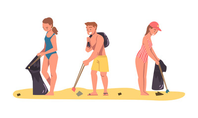 People Character Collecting Trash and Gathering Garbage from Beach Vector Set