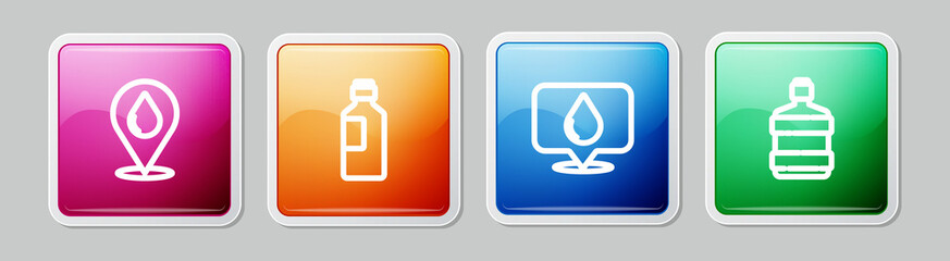 Set line Water drop with location, Bottle of water, and Big bottle clean. Colorful square button. Vector