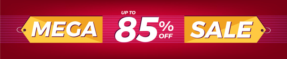 85% off. Horizontal red banner. Advertising for Mega Sale. Up to eighty-five percent discount for promotions and offers.