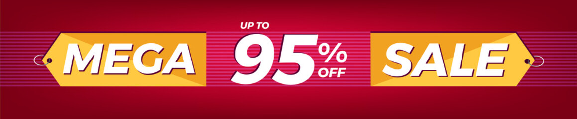 95% off. Horizontal red banner. Advertising for Mega Sale. Up to ninety-five percent discount for promotions and offers.