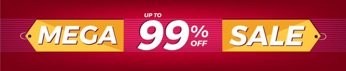 99% off. Horizontal red banner. Advertising for Mega Sale. Up to ninety-nine percent discount for promotions and offers.