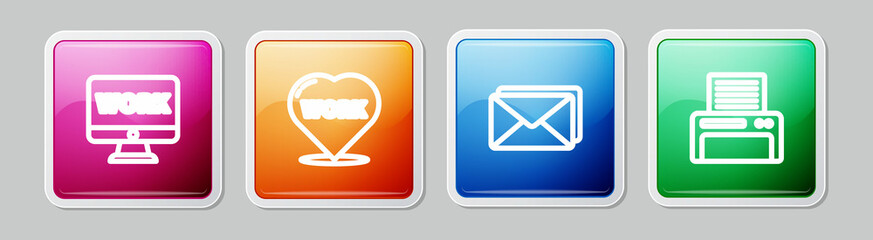 Set line Monitor with text work, Heart, Envelope and Printer. Colorful square button. Vector