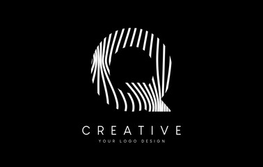 Warp Zebra Lines Letter Q logo Design with Black and White Lines and Creative Icon Vector