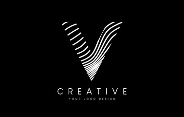 Fototapeta premium Warp Zebra Lines Letter V logo Design with Black and White Lines and Creative Icon Vector